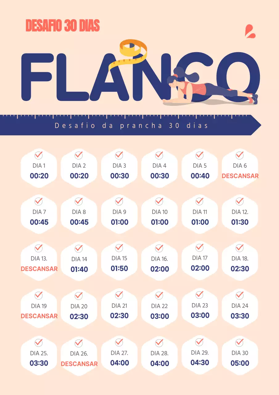 Exercícios de prancha em azul-marinho e cor-de-rosa Tabela do desafio de um mês