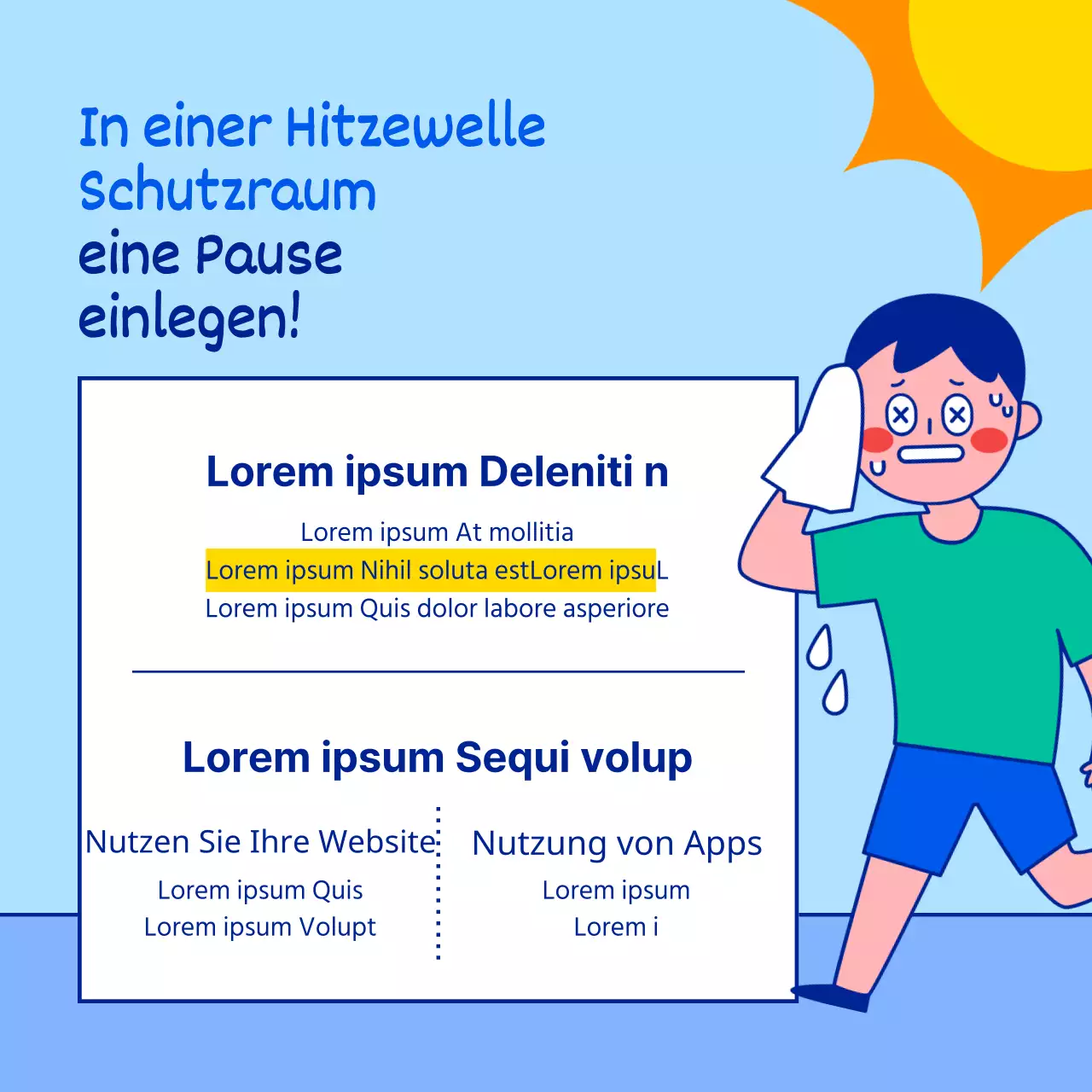 Sommerlicher Hitzewellen-Schutzplan mit niedlichen und einfachen Charakter-Illustrationen in Hellblau und Blau.