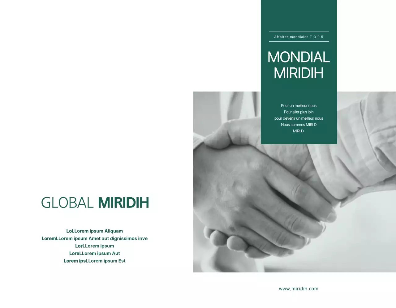 Un mirage mondial simple avec un texte et des images vert foncé pour promouvoir l'entreprise.
