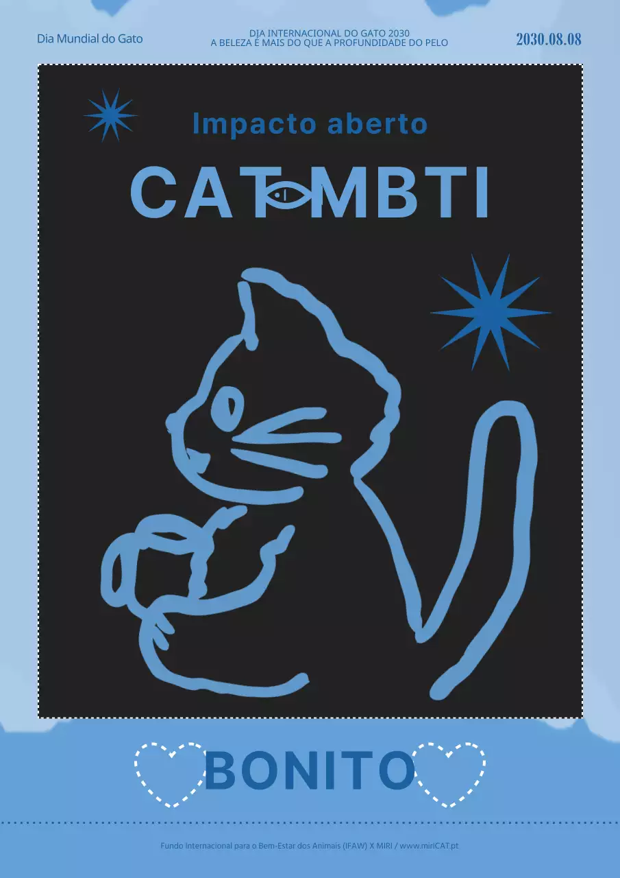 Cartaz com uma ilustração de um gato giro em azul claro