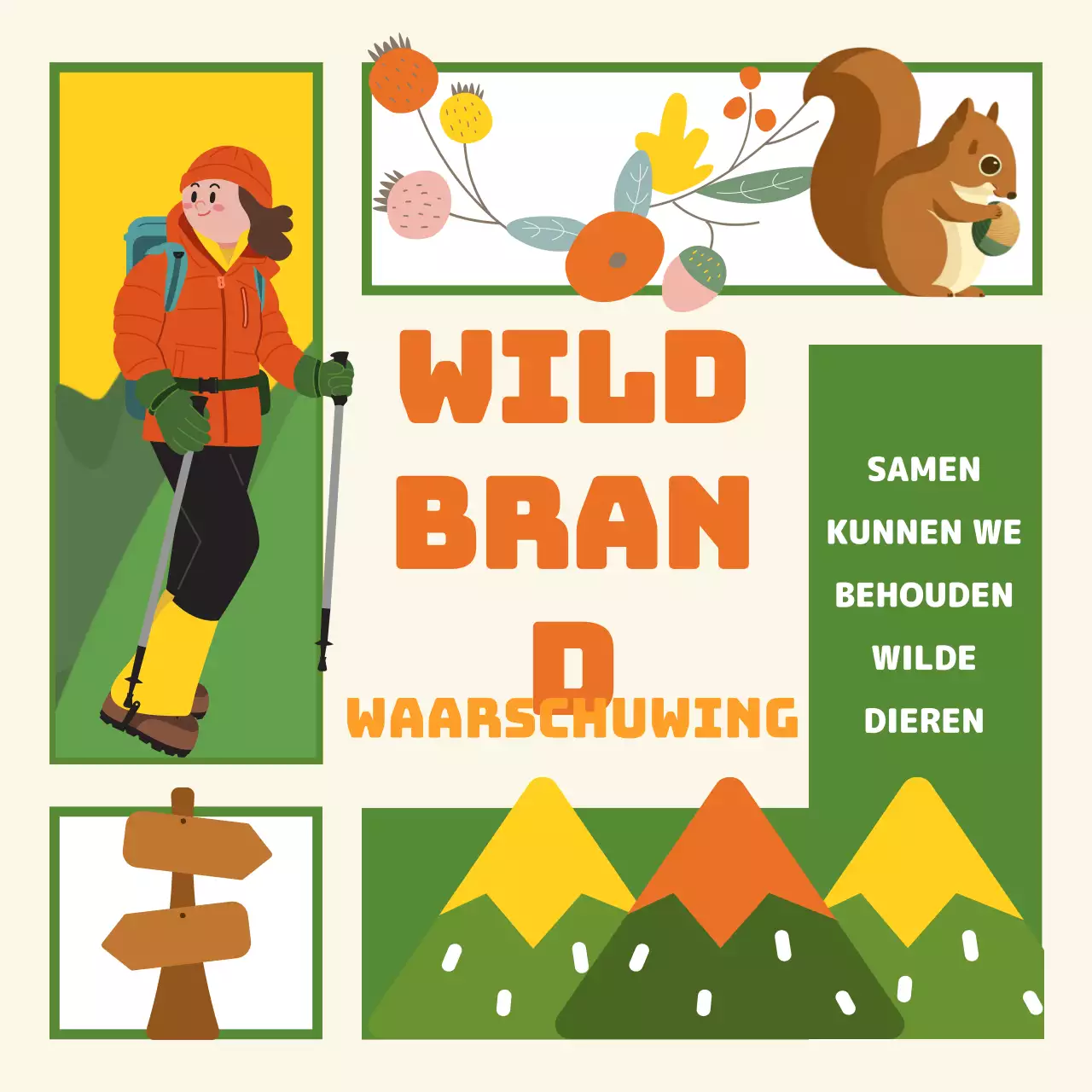 Een schattige groen-geel geïllustreerde campagne ter preventie van bosbranden