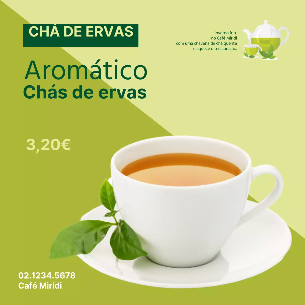 Promova o menu de chá de ervas do seu café com fotografias e ilustrações de chá em chartreuse