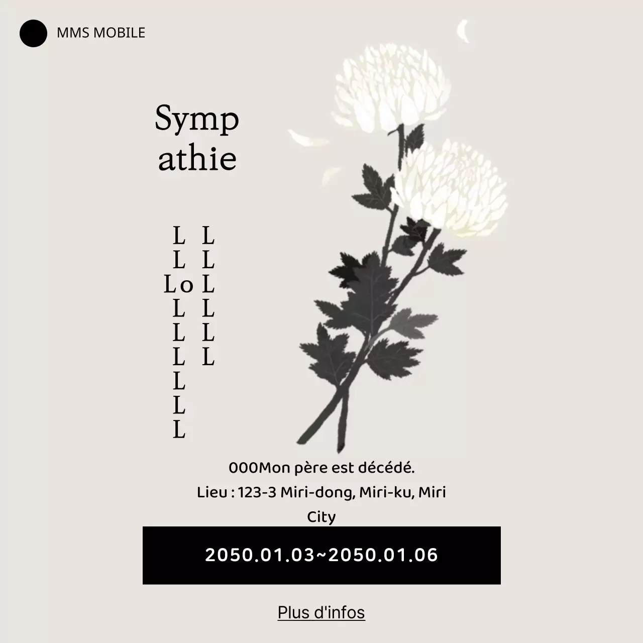 Modèle mobile de bannière de condoléances en noir et blanc avec des fleurs de chrysanthème