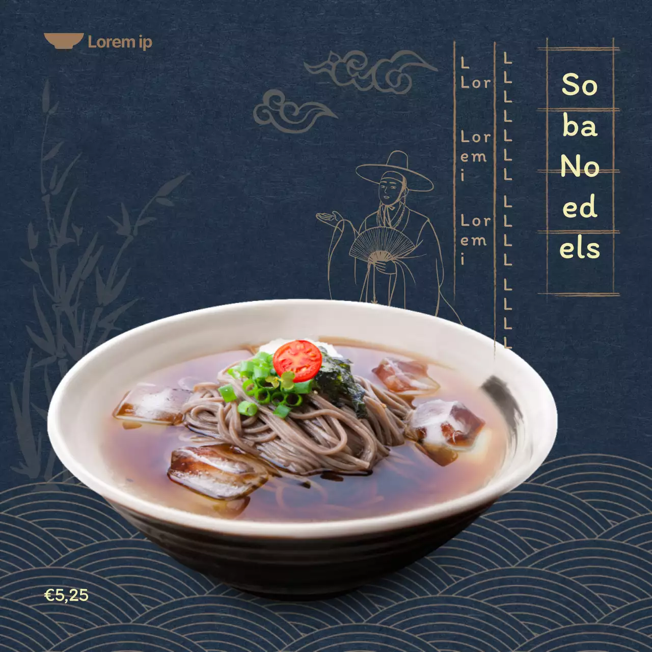 Zomermenu met donkere marineblauwe achtergrond en oosterse illustraties