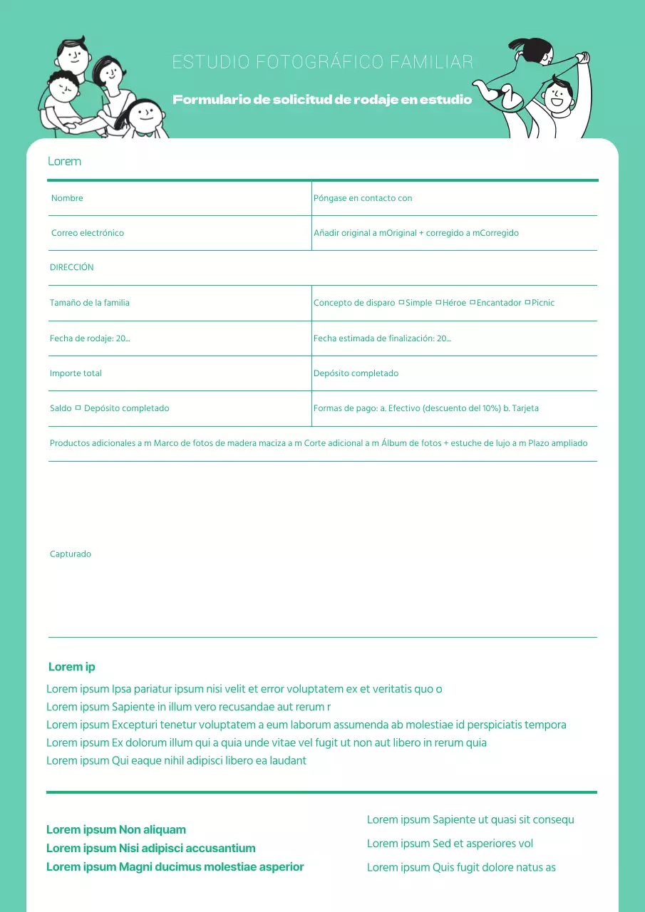 Formulario de solicitud para una sesión fotográfica en un estudio de ilustración en color menta