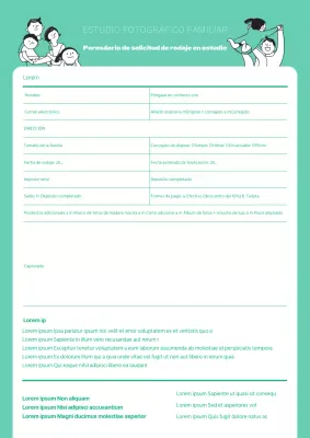 Formulario de solicitud para una sesión fotográfica en un estudio de ilustración en color menta