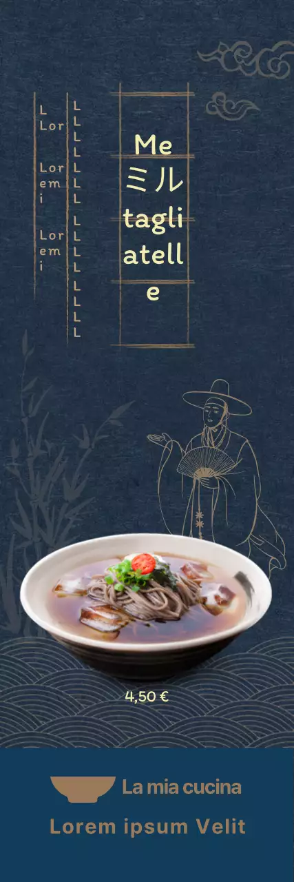 Menu estivo con sfondo blu scuro e illustrazioni orientali