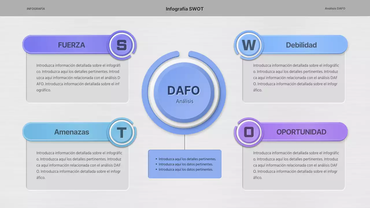 Concepto sencillo en azul y morado Análisis DAFO tridimensional