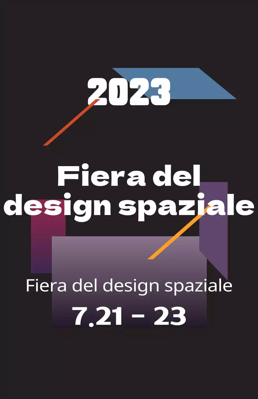 Promuovere una fiera del design spaziale con illustrazioni colorate di forme e testi.