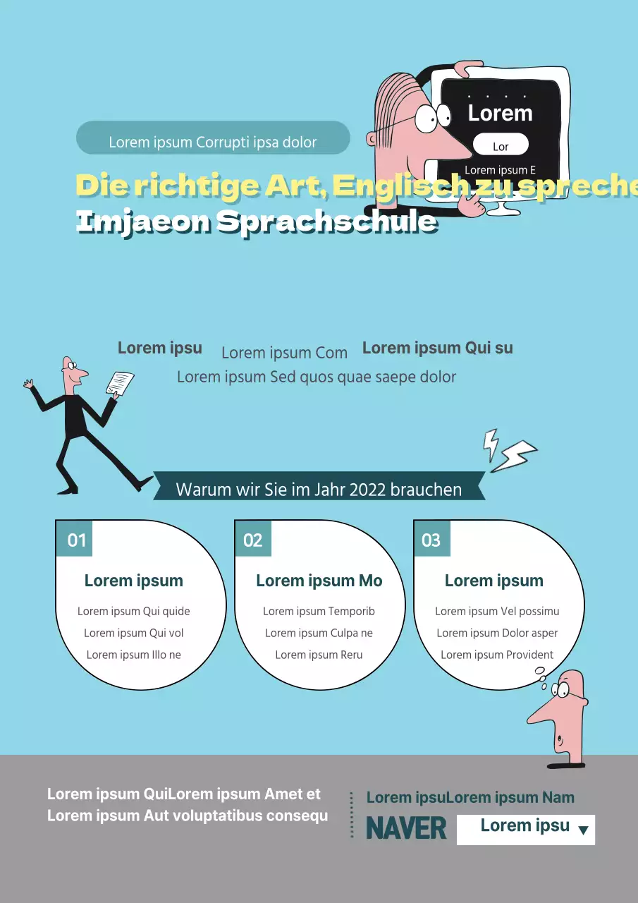 Englischsprachiges Schulwerbematerial mit einer menschlichen Figur in Hellblau und Gelb.