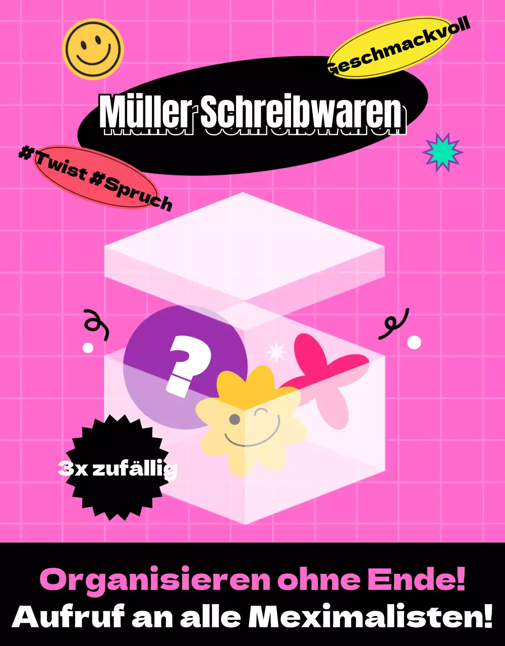 Random Box Event geschrieben auf einem rosa Whiteboard