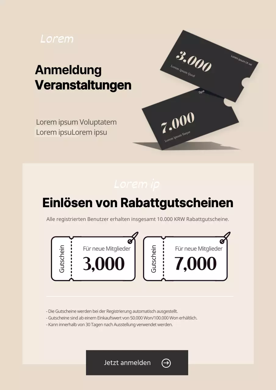 Eine saubere, schwarz-weiße Anmeldeaktion Eine Aktion mit Rabattcoupons für neue Mitglieder