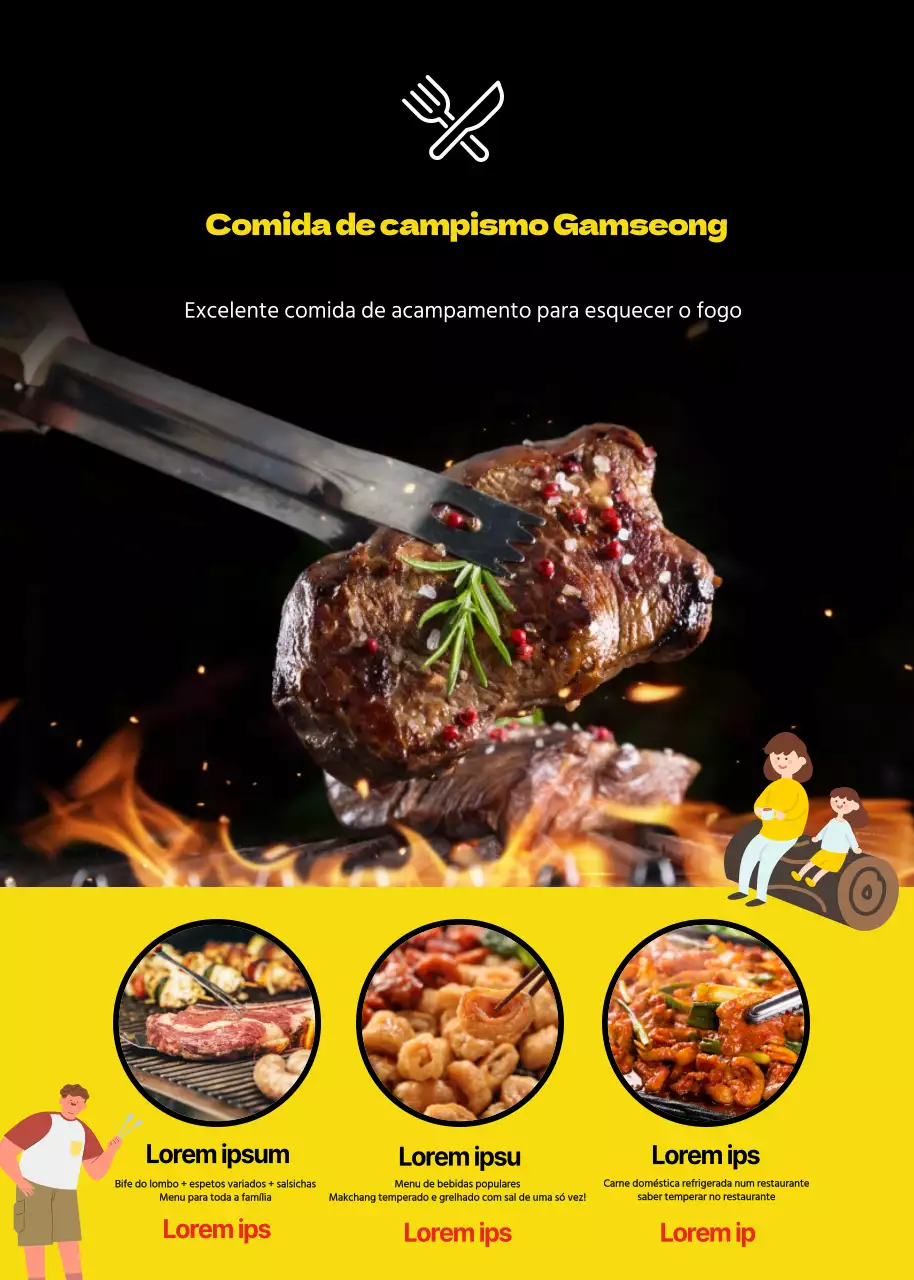 Apresentação da comida de campismo moderna em preto e amarelo