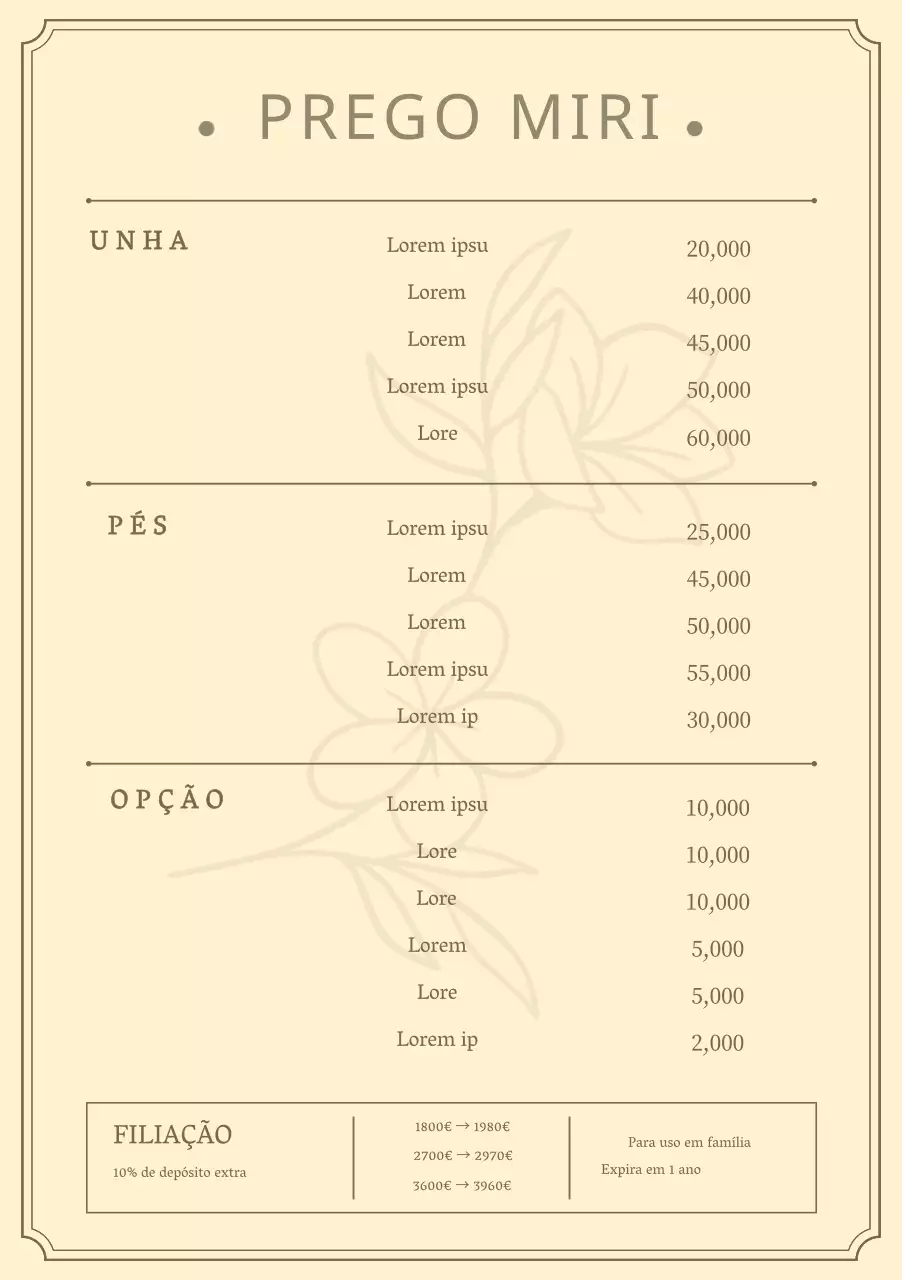 Cartaz de menu de unhas com ilustração floral sobre um fundo bege claro