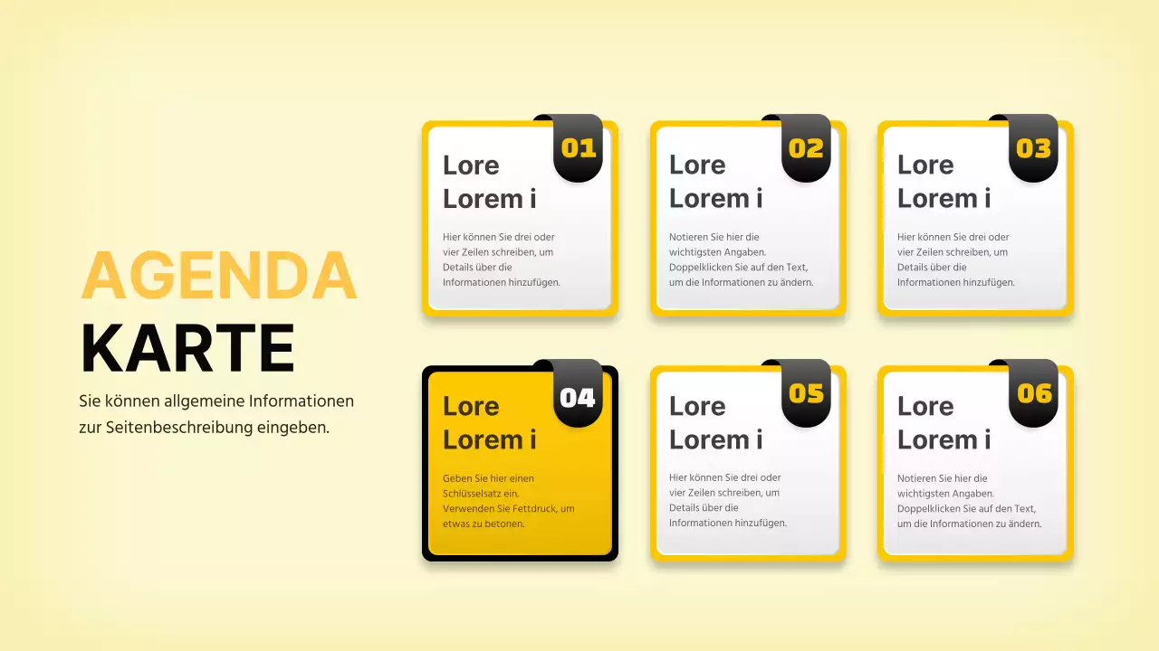 Dreidimensionales Etikettenkonzept Agenda in Schwarz und Gelb