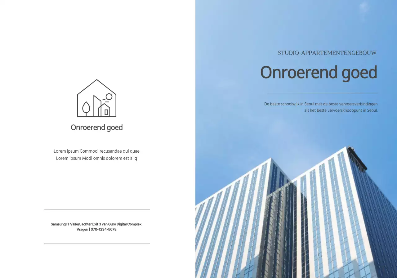 Een eenvoudige biz met donkergrijze tekst en afbeeldingen om onroerend goed te promoten.