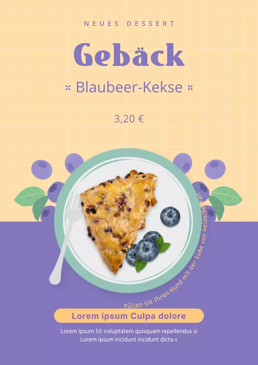 Ein lilafarbenes und elfenbeinfarbenes, mit Fotos unterlegtes Scone-Dessert-Menü