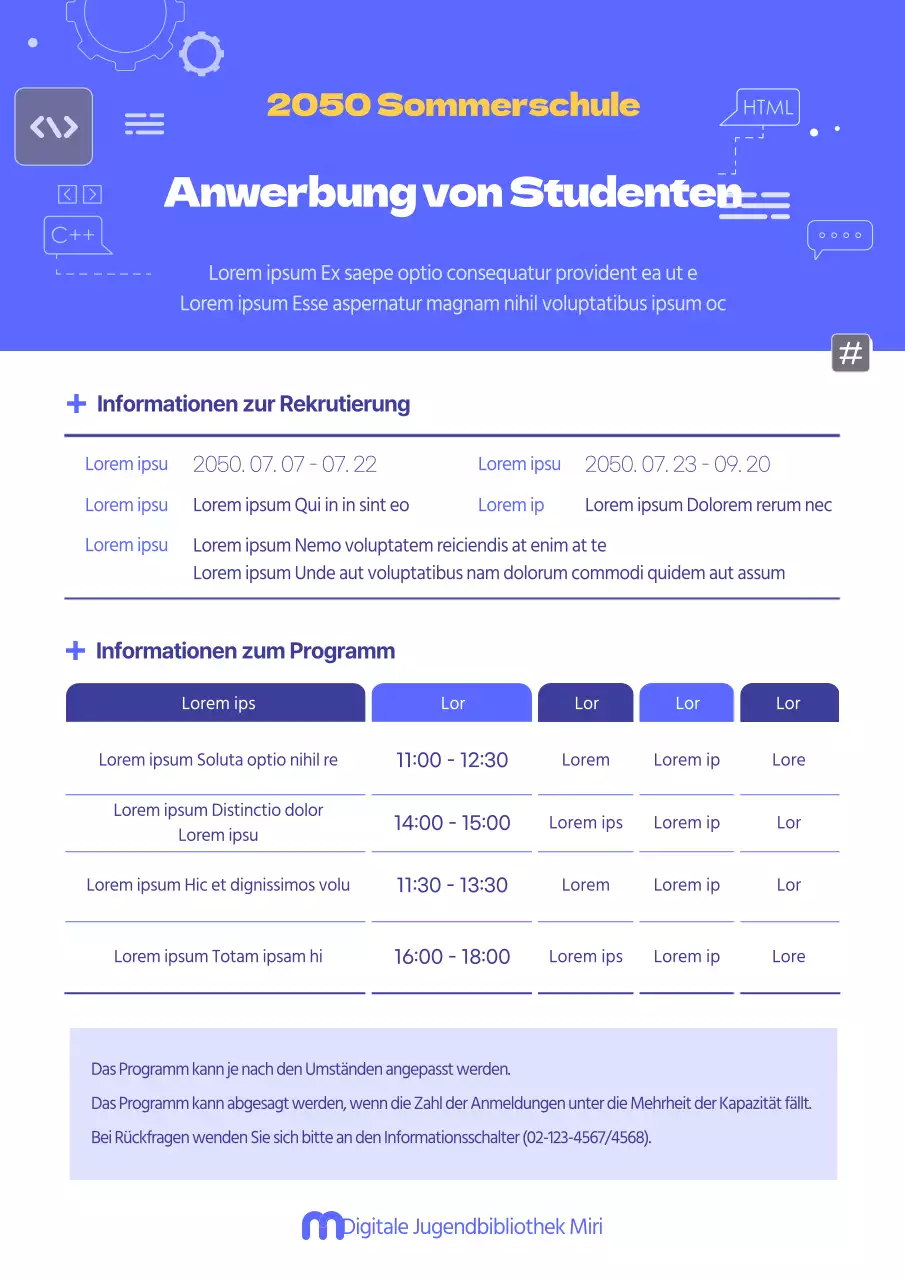 Anwerbung für einen blauen und einfachen Sommerferienkurs