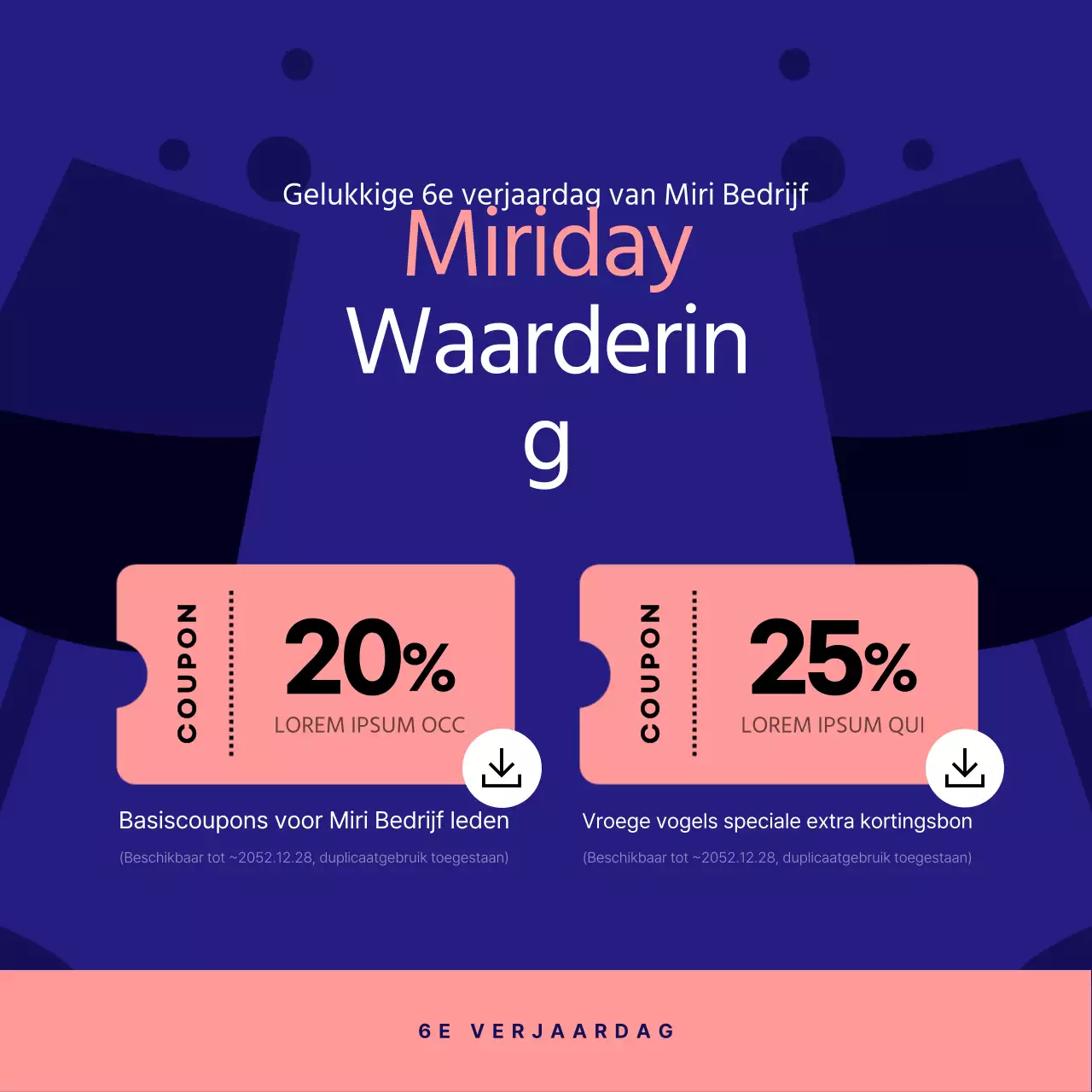 Een marineblauw en roze Happy Anniversary kortingsbon