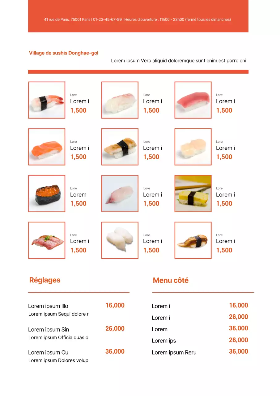 Menu de sushi d'un restaurant propre avec photo orange en surbrillance
