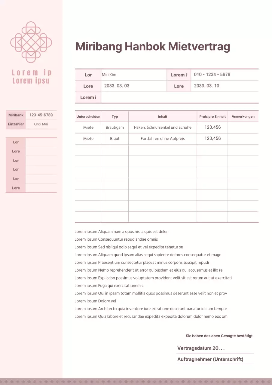 Rosa pastell traditionelle hanbok mietvertragsvorlage
