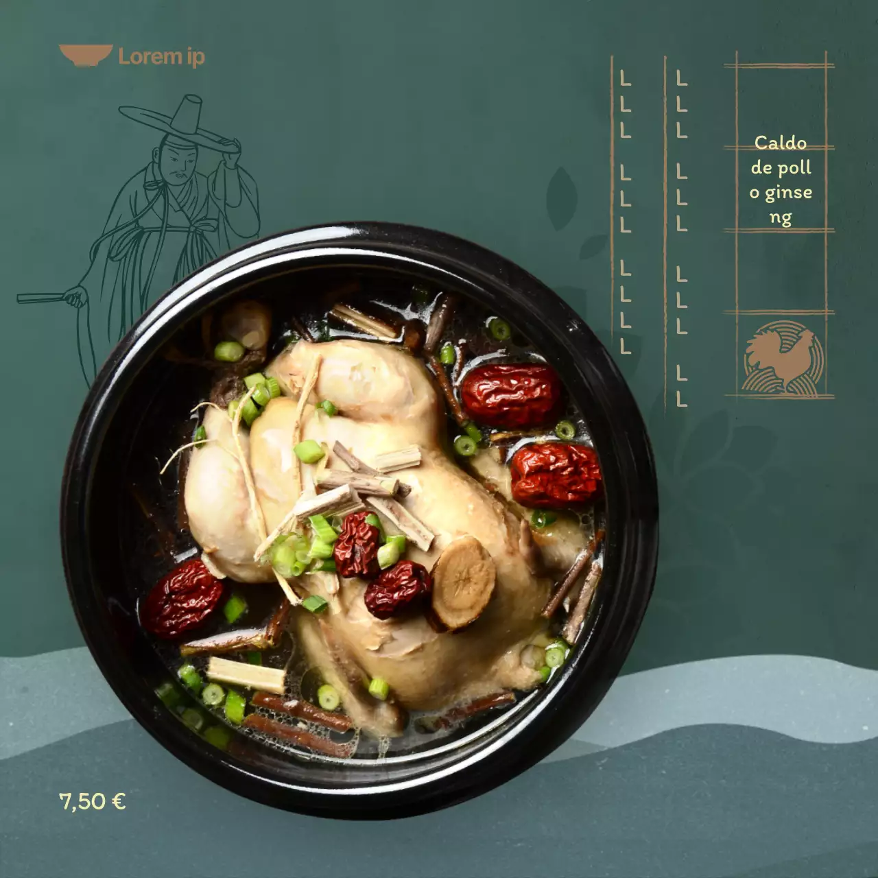 Menú de verano con fondo verde oscuro e ilustraciones orientales