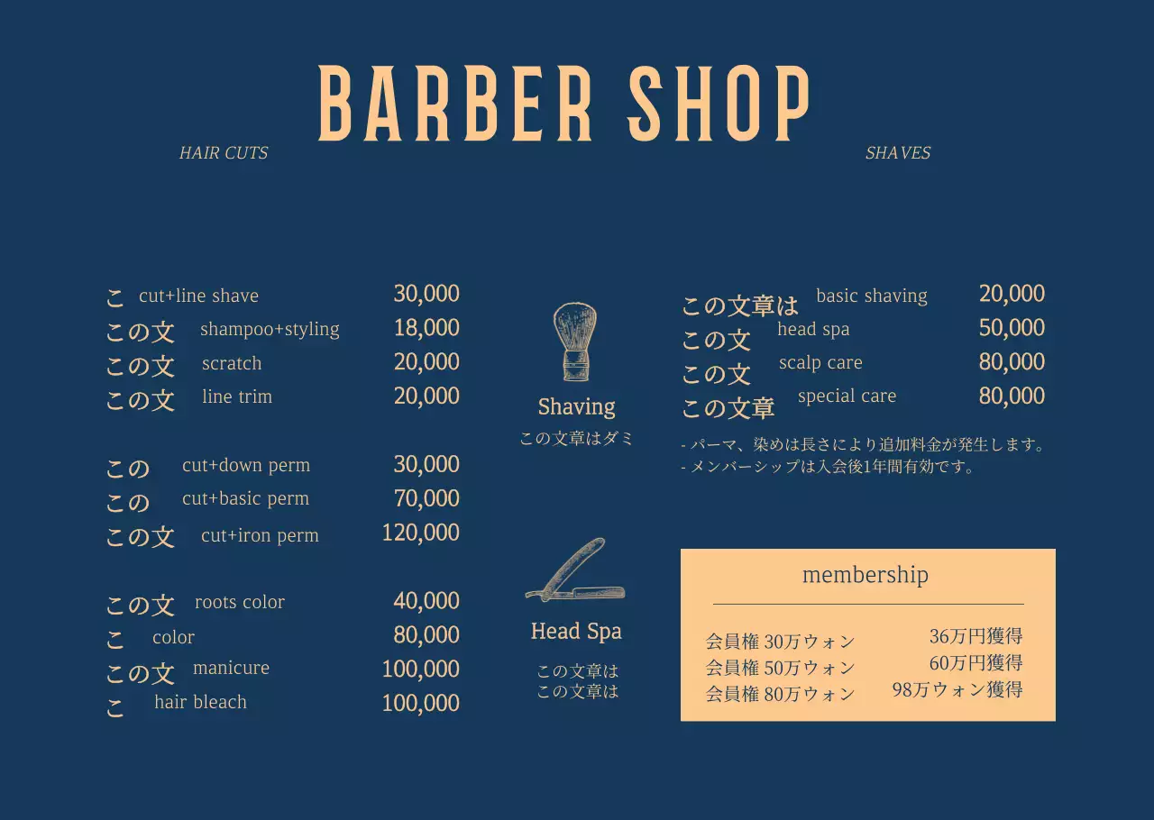 ヴィンテージスタイルのバーバーショップのメニュー表