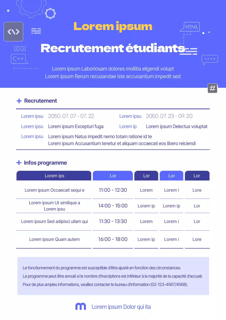 Recrutement pour un cours de vacances d'été bleu et simple