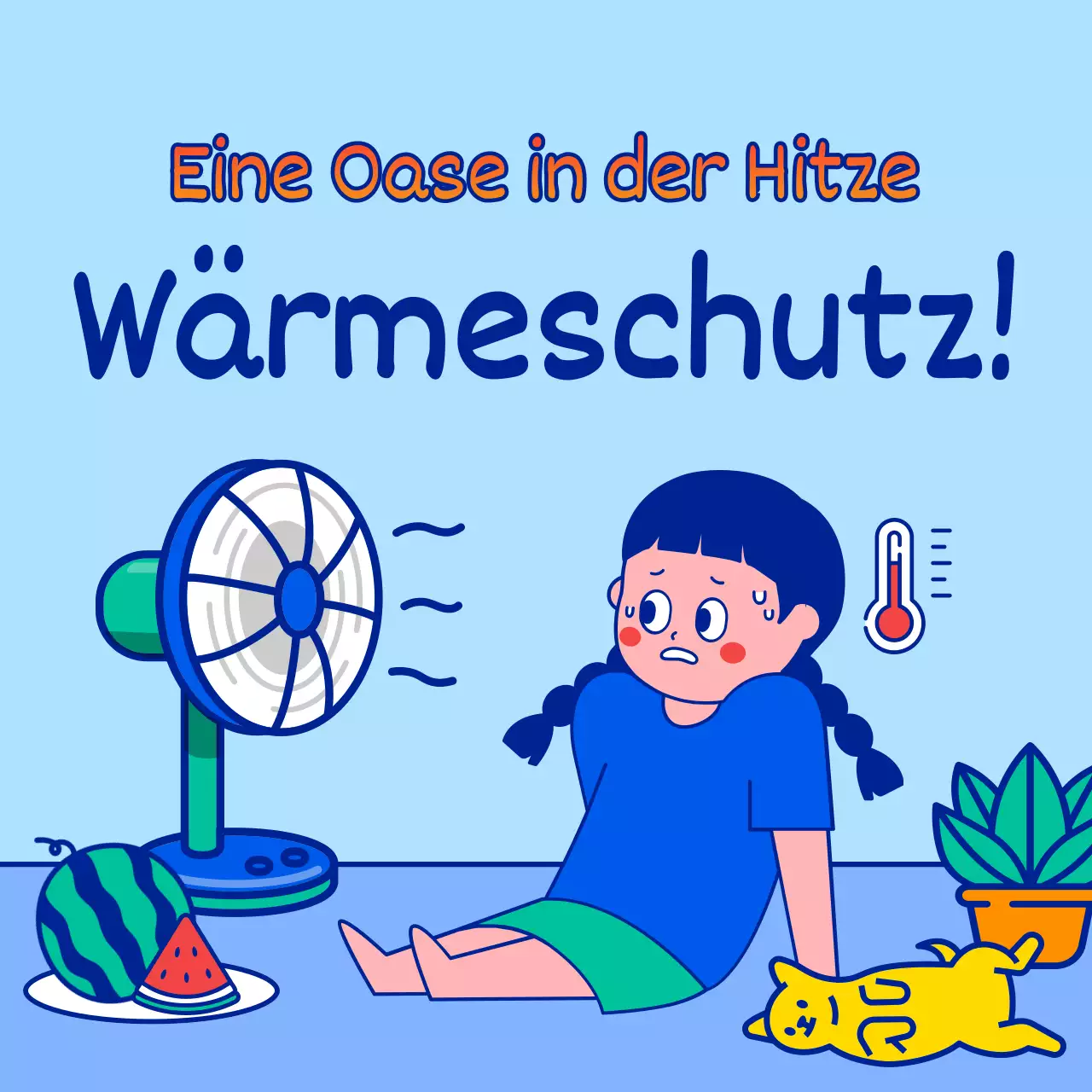 Sommerlicher Hitzewellen-Schutzplan mit niedlichen und einfachen Charakter-Illustrationen in Hellblau und Blau.
