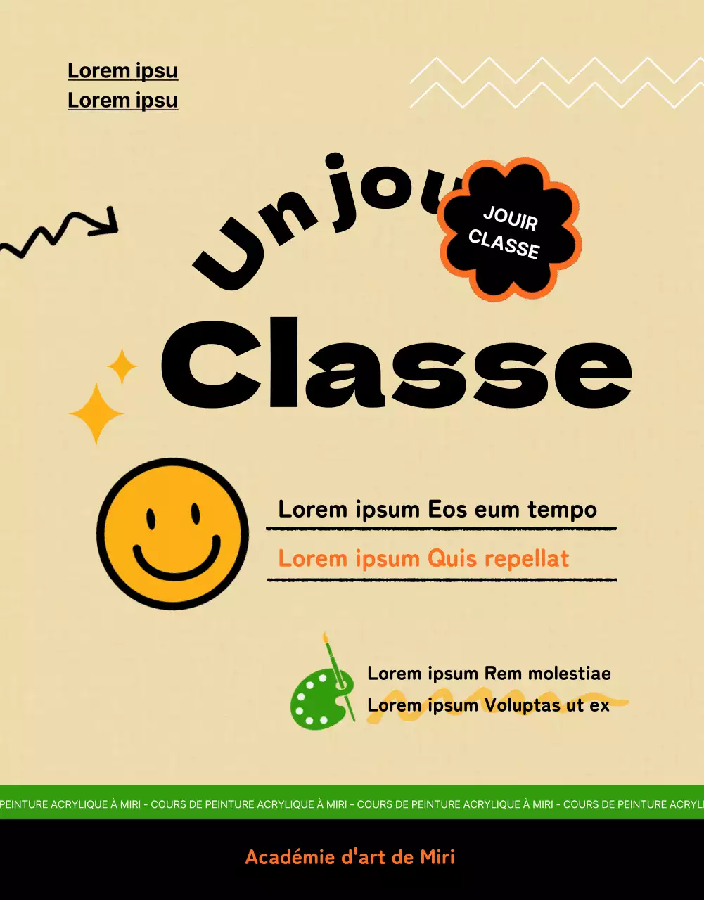 Annonce d'un cours d'art d'une journée avec une touche de beige et de bleu