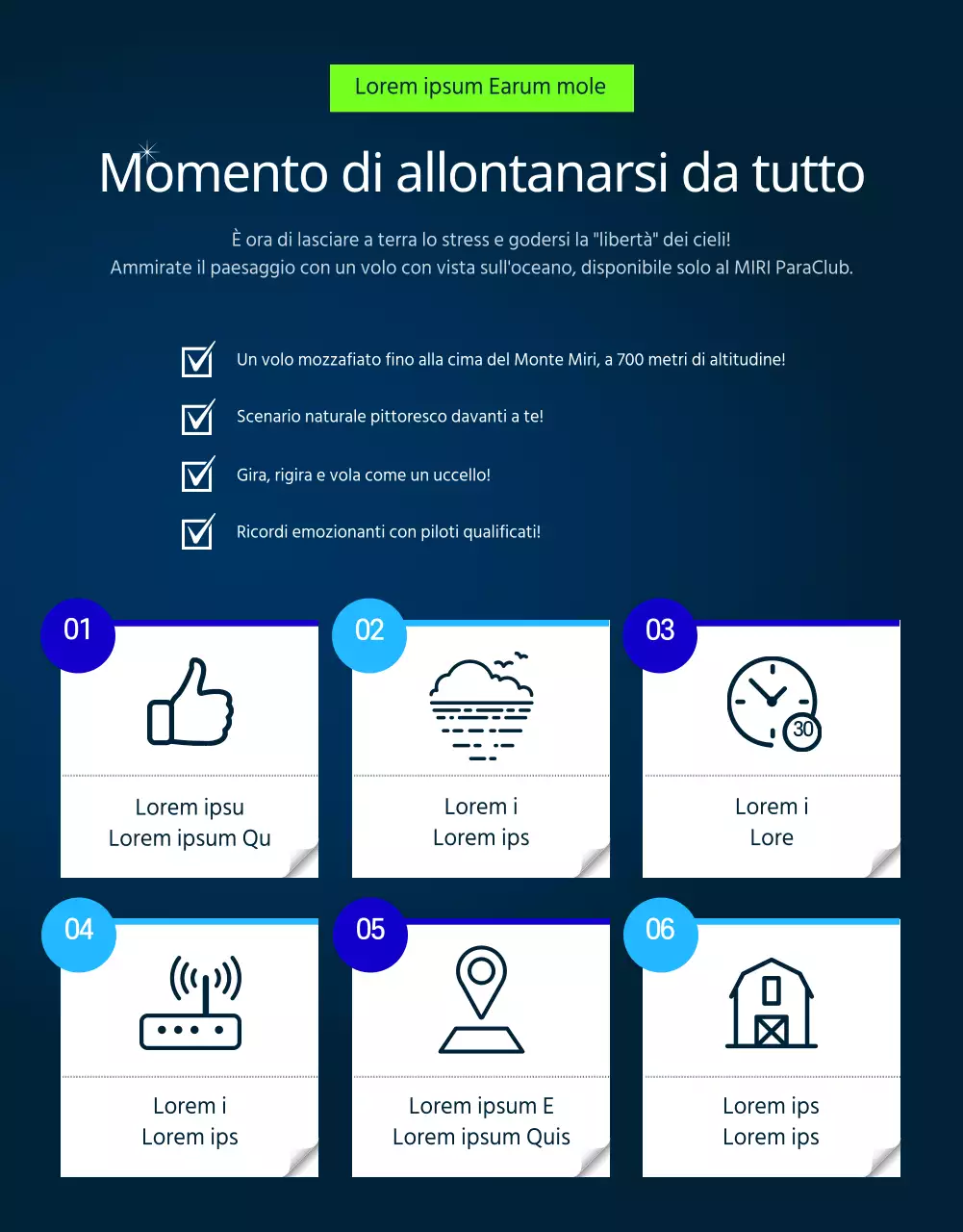 Pagina di dettaglio del parapendio semplice, verde e blu