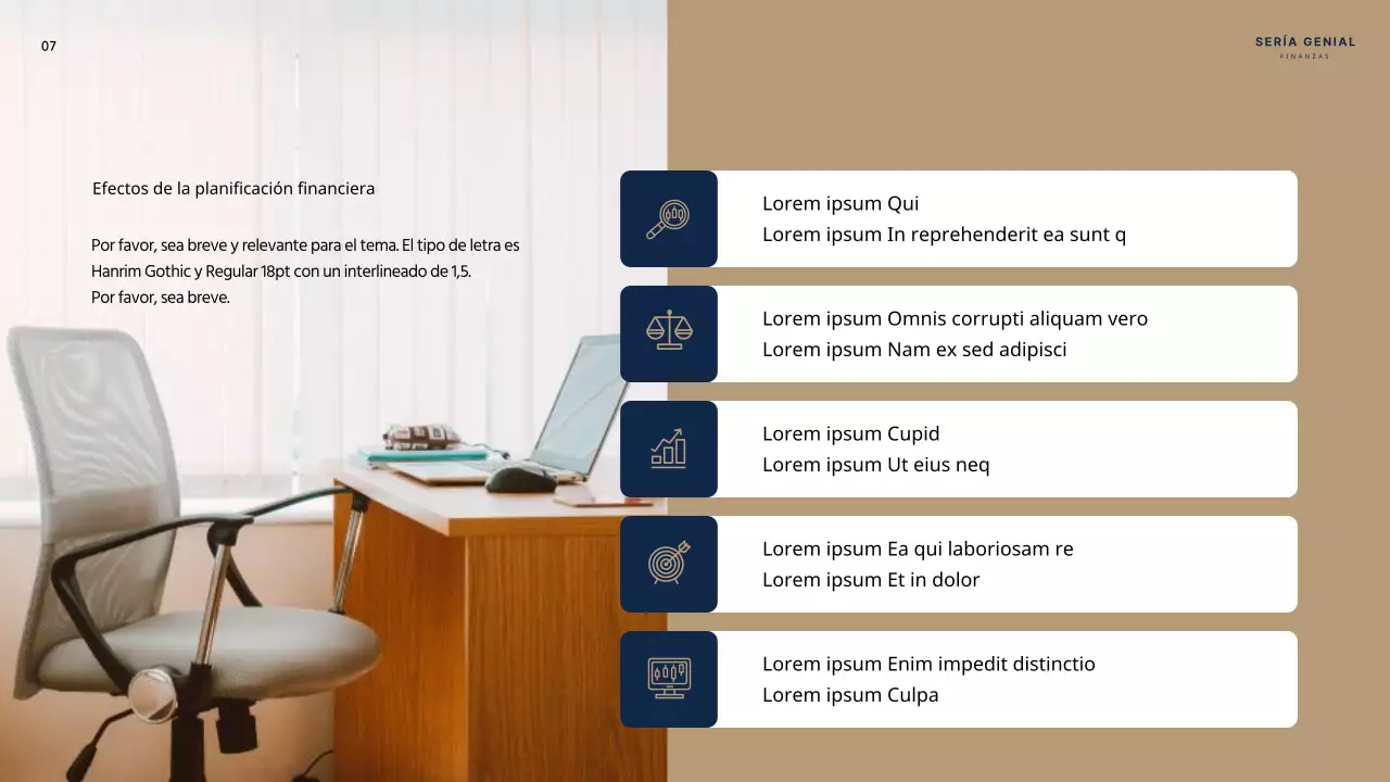 Guía de asesoramiento en planificación financiera personal en azul marino y beige