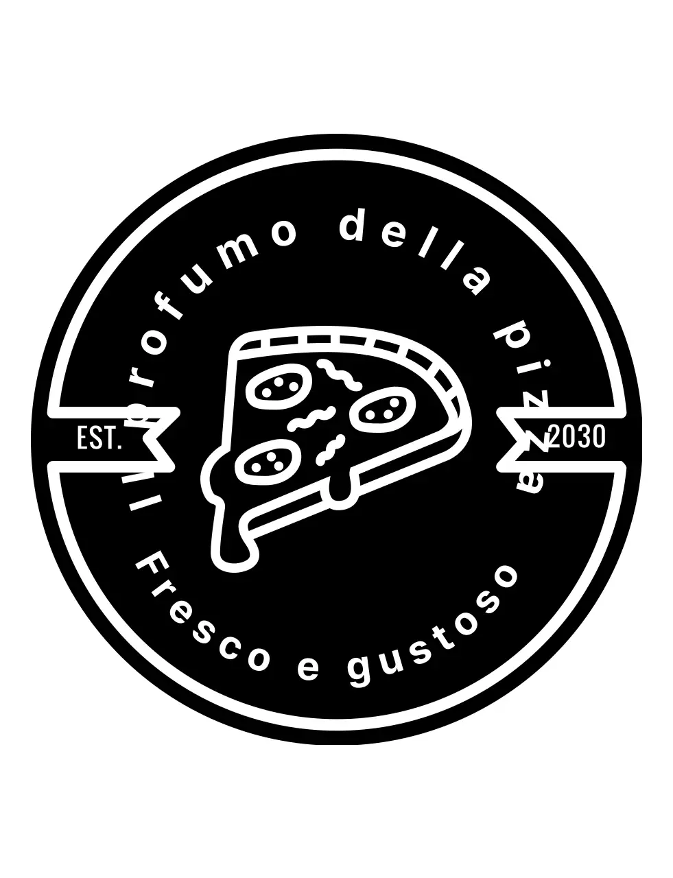 Logo simbolico pizza con distintivo vintage nero e pulito