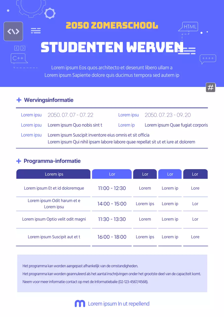 Werven voor een blauwe en eenvoudige zomervakantiecursus