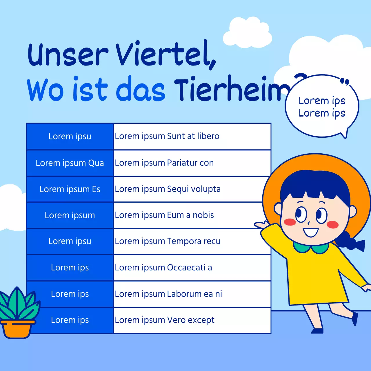 Sommerlicher Hitzewellen-Schutzplan mit niedlichen und einfachen Charakter-Illustrationen in Hellblau und Blau.