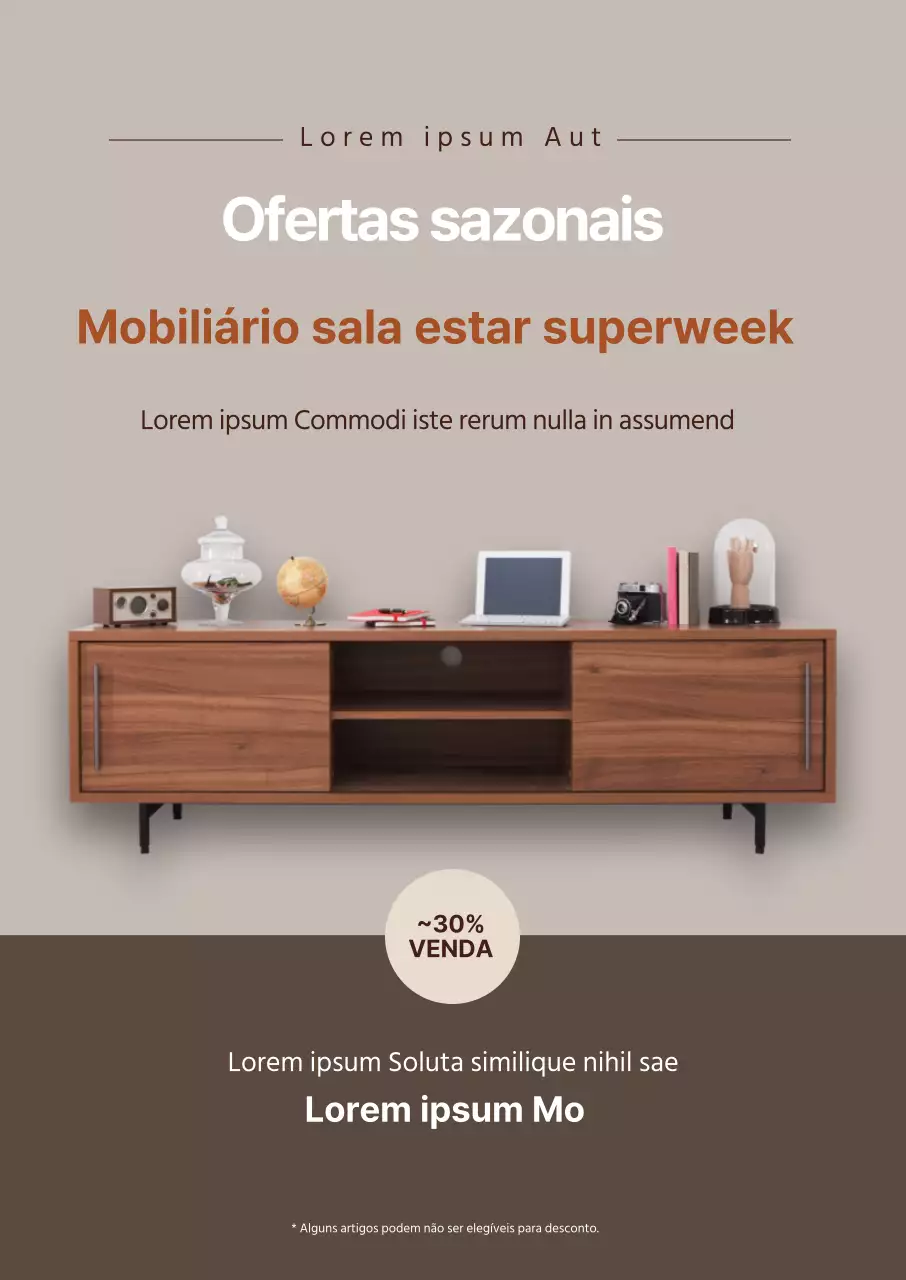 A fotografia castanha destaca a promoção de um evento de interiores de mobiliário elegante