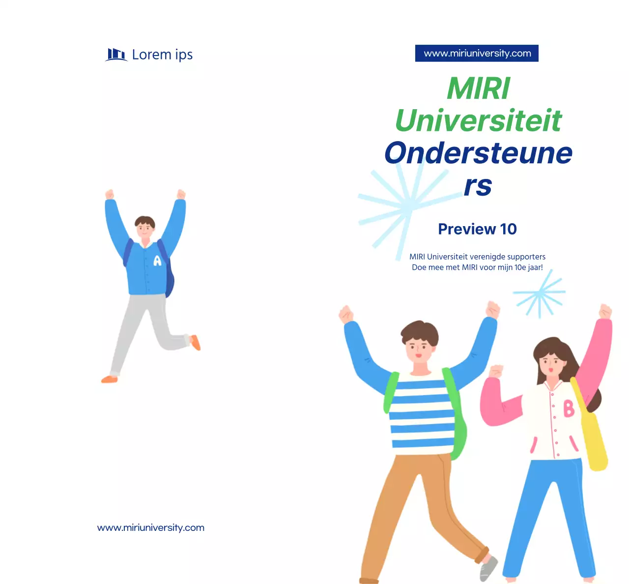 Een eenvoudige promotie voor universiteitssupporters met marineblauwe tekst en illustraties.