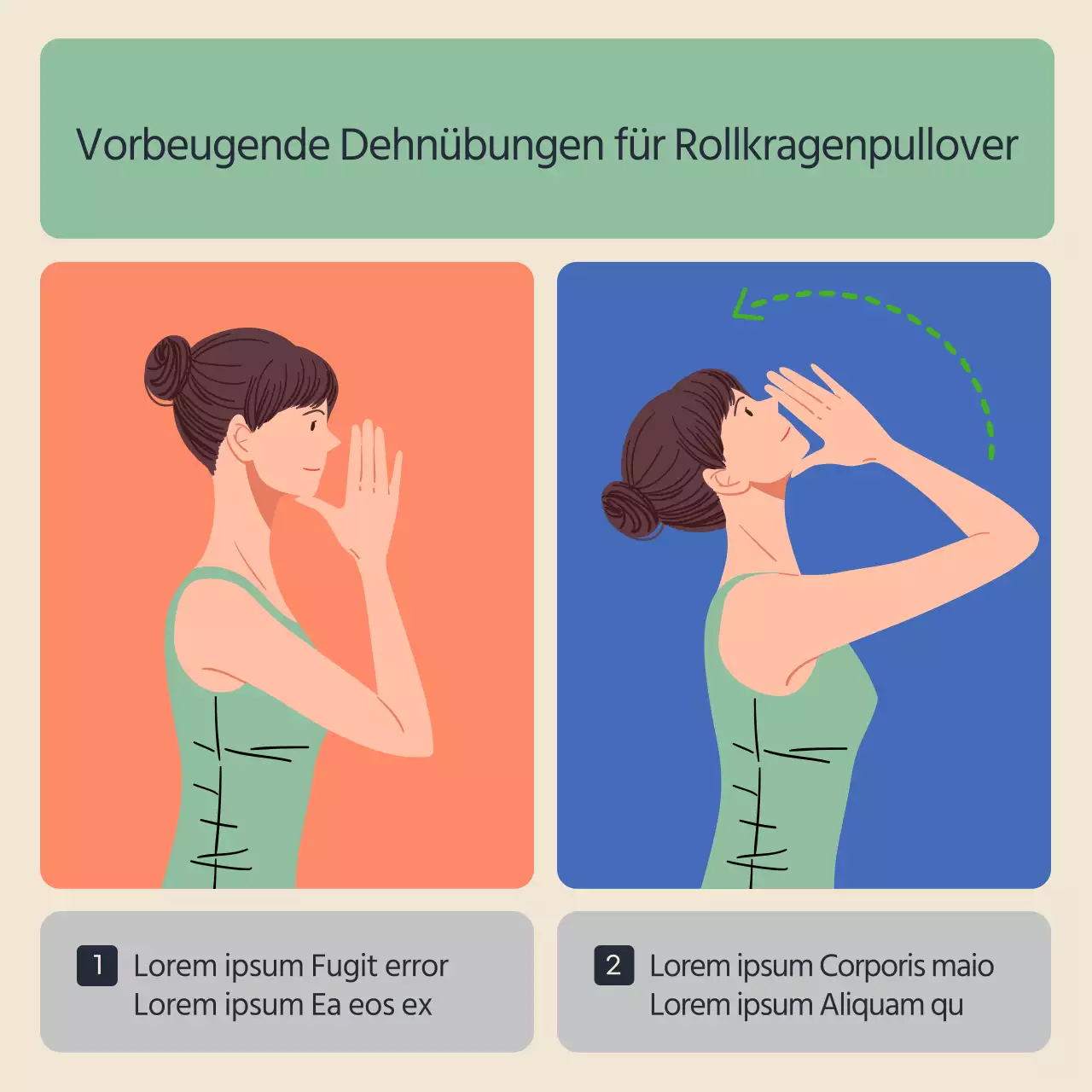 Schildkrötenhals Pilates Rehabilitation Informationen in Blau und Orange