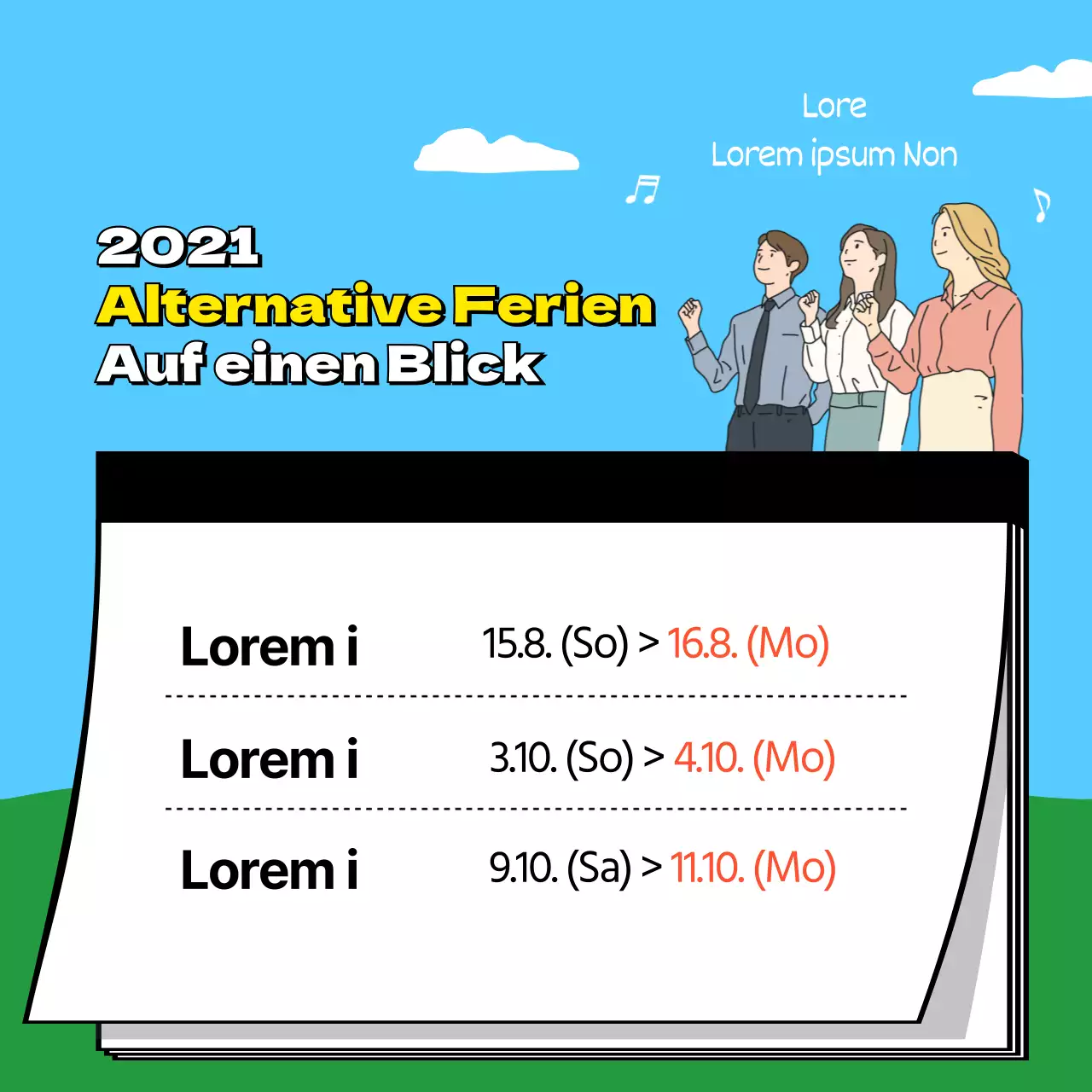 Wechselnde Feiertage auf einen Blick mit gelb und schwarz hervorgehobenen Notizblockabbildungen
