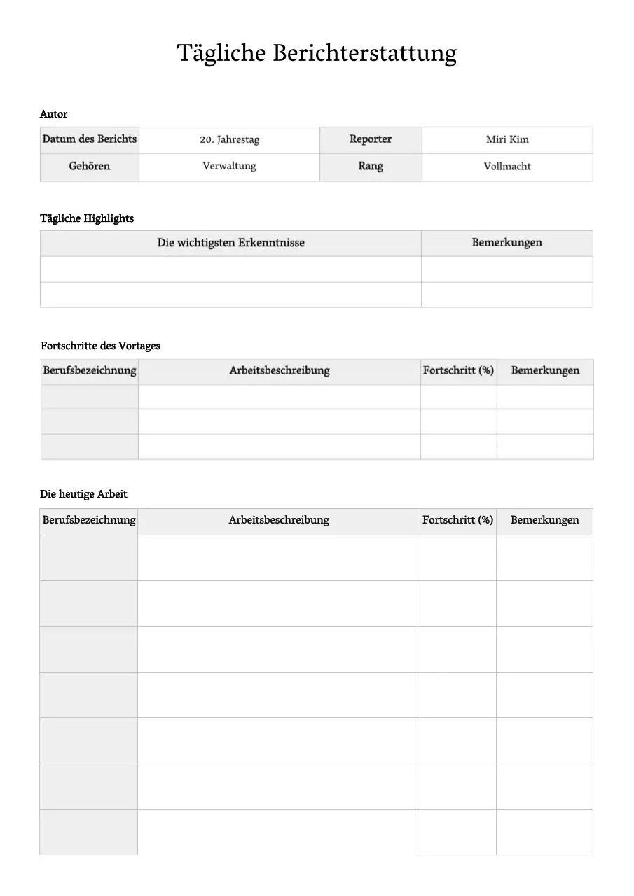 Grundlegende Formatierung von Tagesberichtsdokumenten