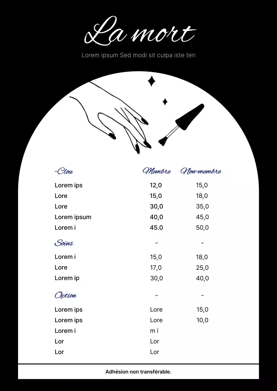 Tableau de menu nail art moderne en noir et blanc