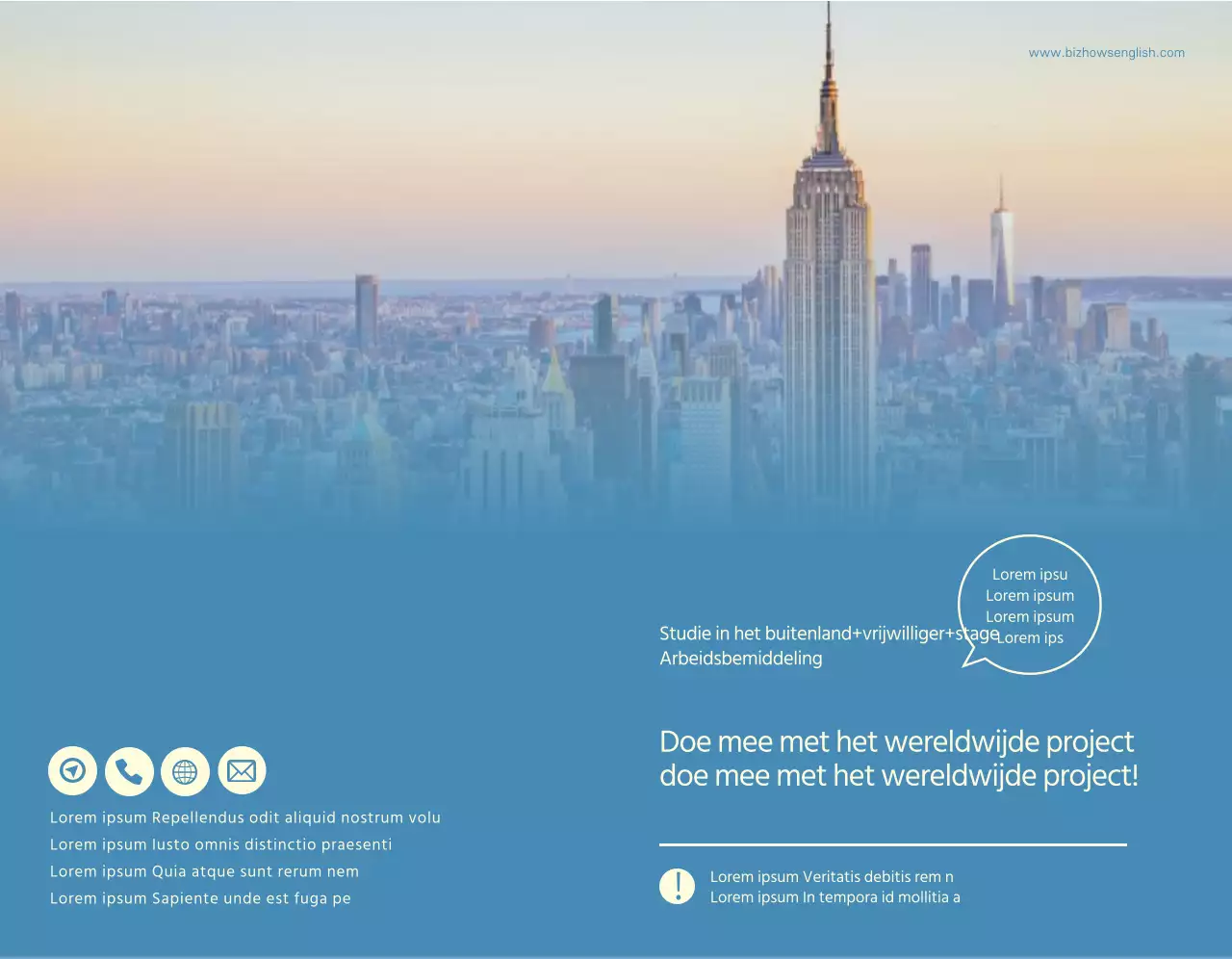 Een taalschool promoten met blauwe en gele foto's van buitenlandse landschappen