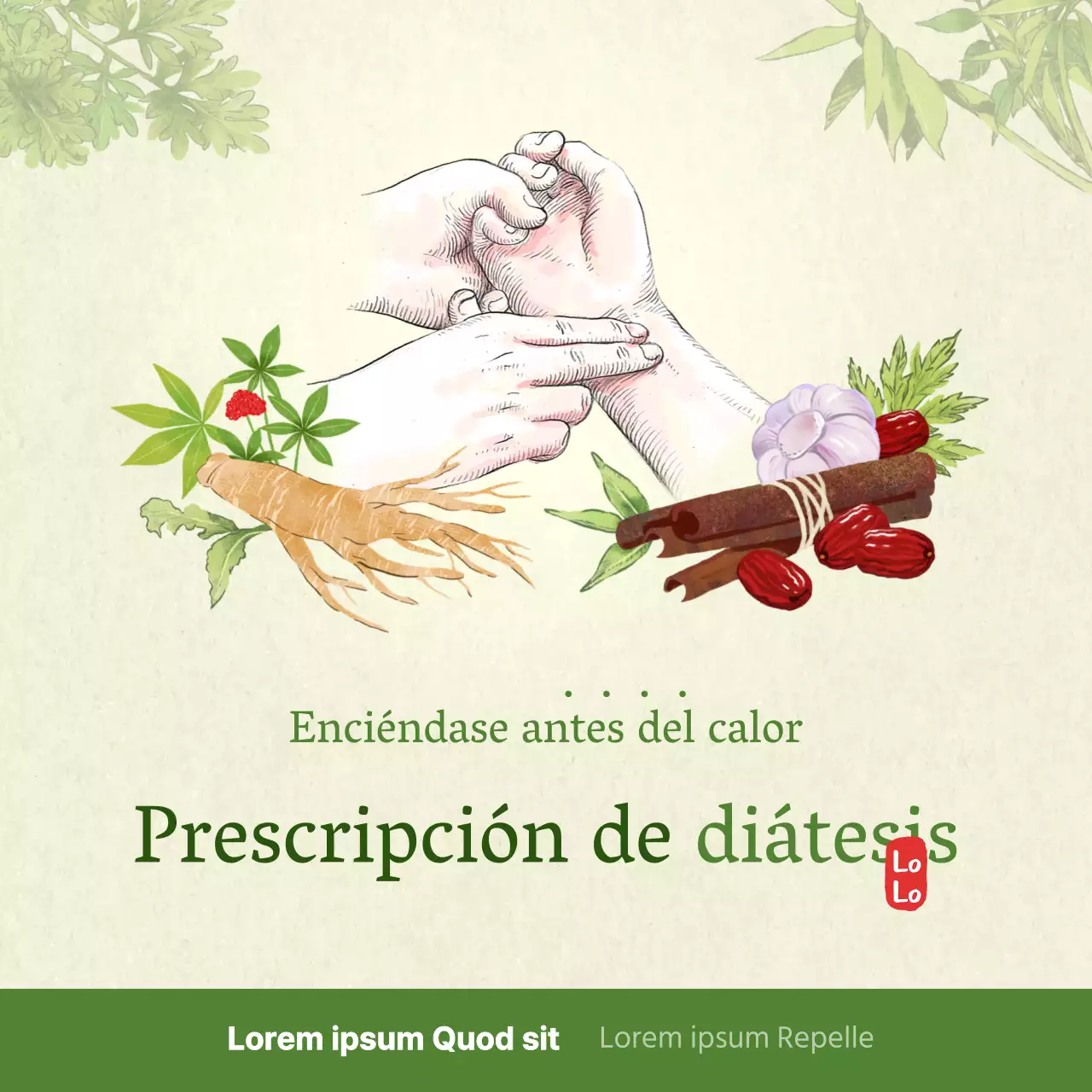 Tema promocional para una clínica coreana con un concepto de dibujo a mano coloreado con artemisa