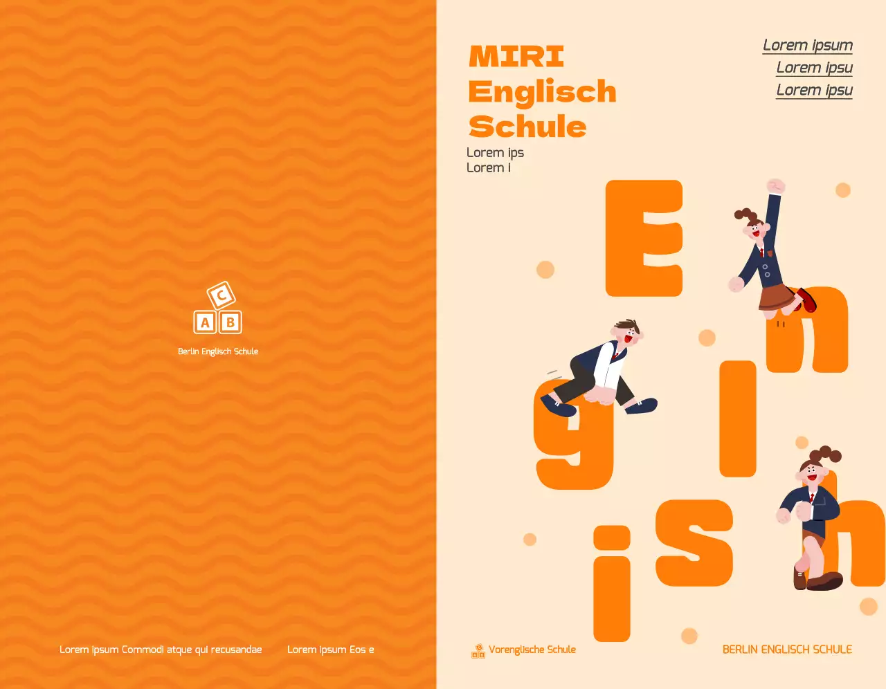 Bewerben Sie eine englische Sprachschule mit einer Illustration von Schülern in orangefarbenen Uniformen.