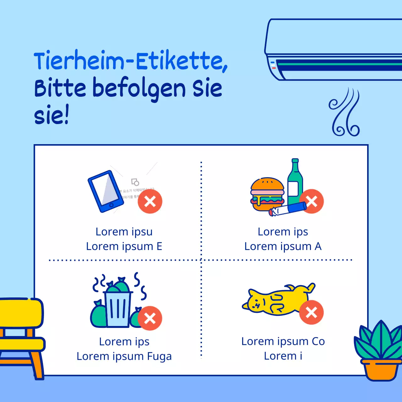 Sommerlicher Hitzewellen-Schutzplan mit niedlichen und einfachen Charakter-Illustrationen in Hellblau und Blau.