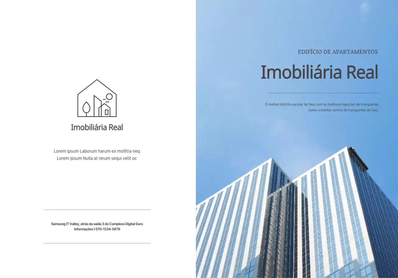 Um biz simples com texto e imagens em cinzento escuro para promover o sector imobiliário.