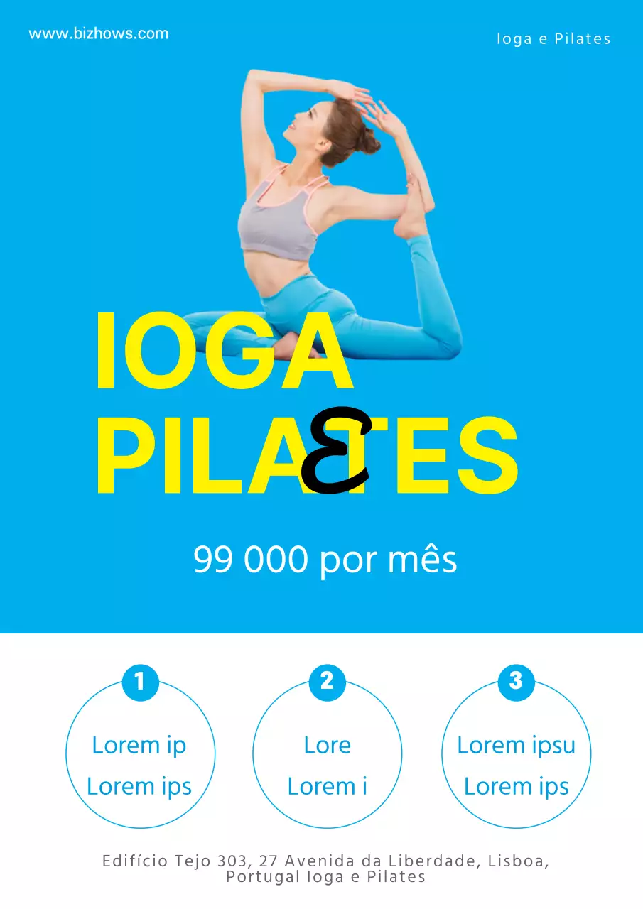 Uma simples oferta de desconto numa escola de ioga com uma fotografia de uma mulher a fazer Pilates em azul.