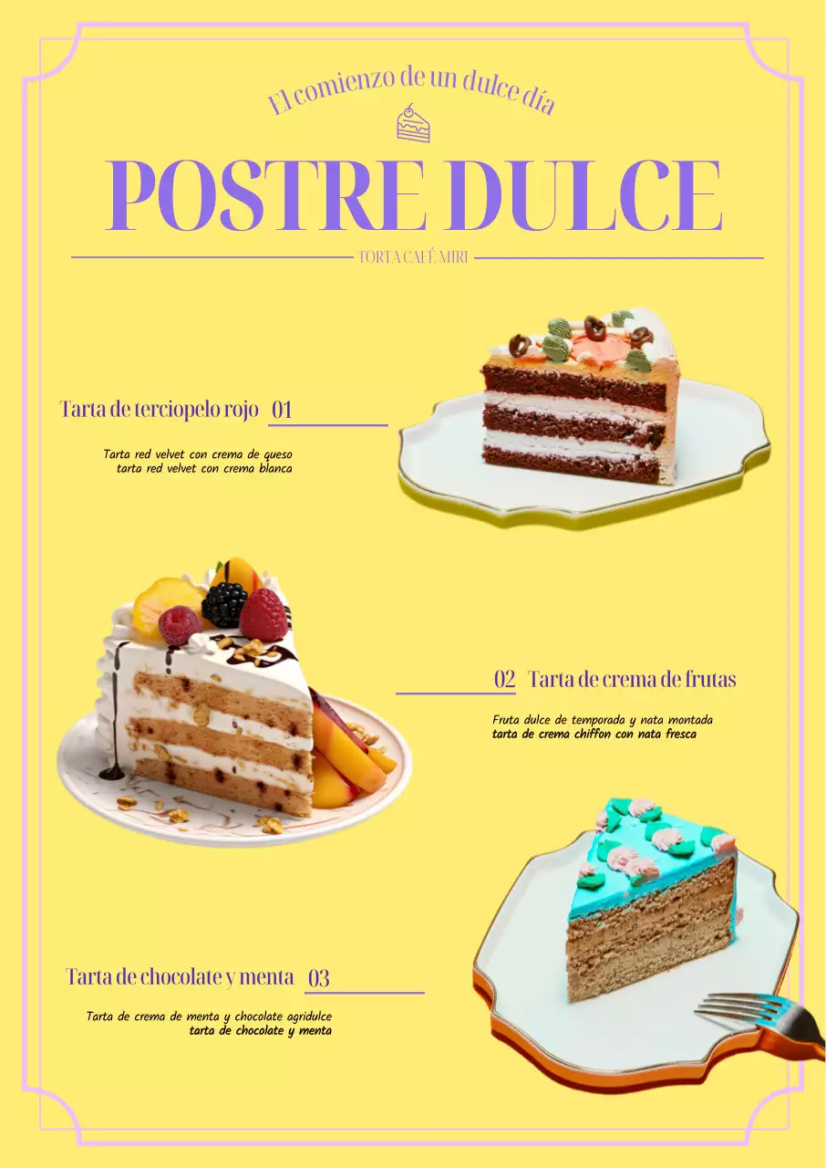 Una sensual carta de postres de cafetería con fondo amarillo brillante y acento de color morado.