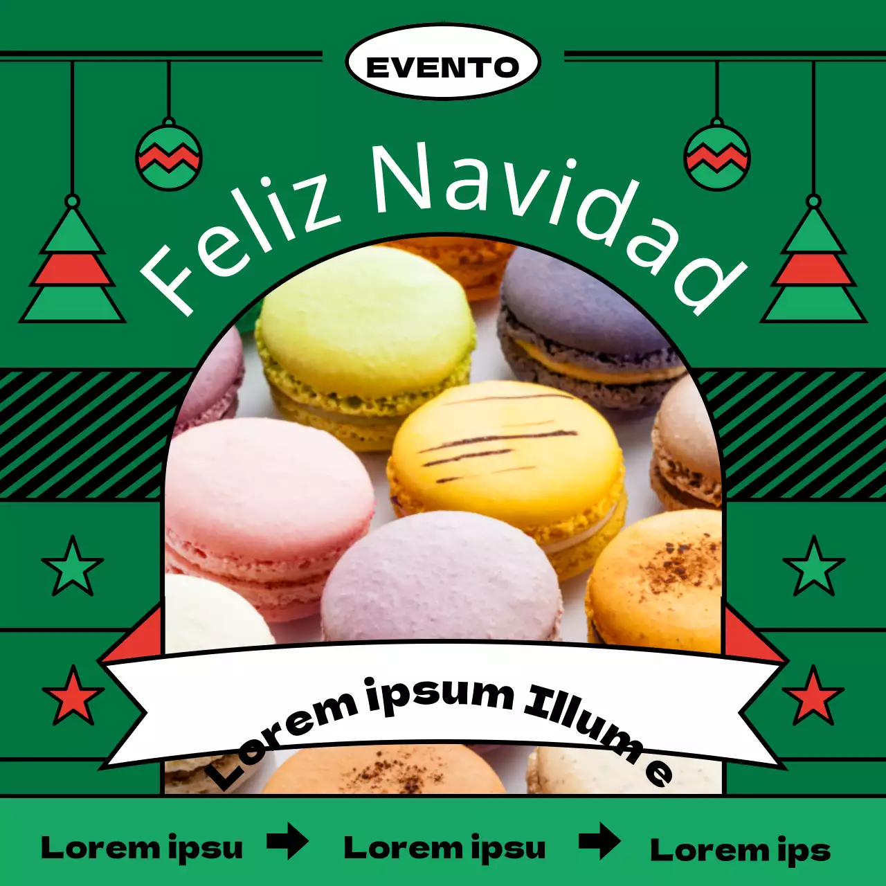 Descuento por pedido anticipado de macarons ilustrados de líneas limpias en tonos navideños rojos y verdes