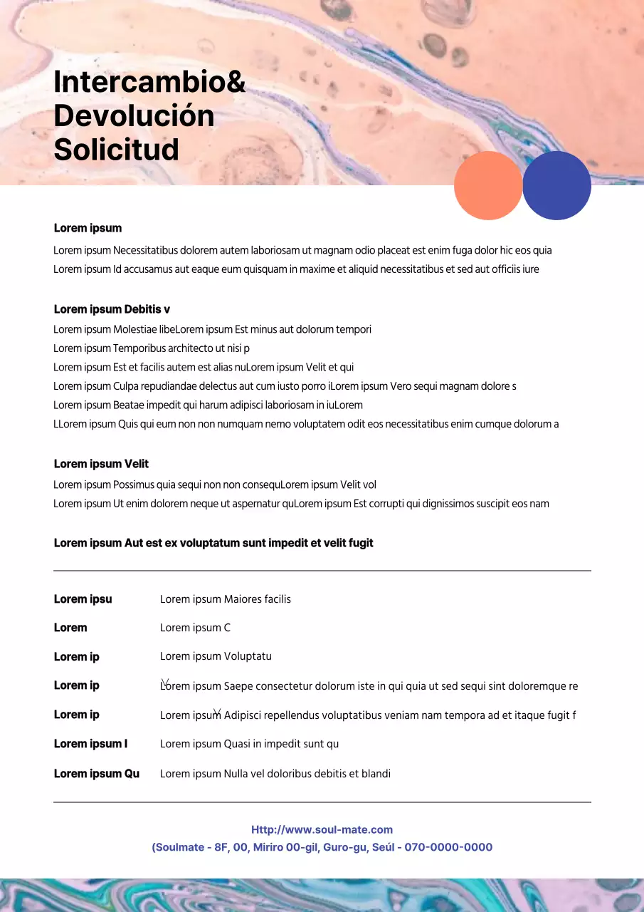 Plantilla de documento de devolución de centro comercial con concepto de mármol jaspeado en tonos naranja-azul